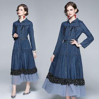 Long-sleeve Tiered Denim Midi A-line Dress