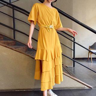Elbow-sleeve Asymmetric Hem Tiered Dress