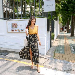 Set: V-neck Camisole Top + Foliage Long Wrap Skirt
