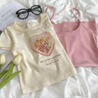 Short-sleeve Print Cropped T-shirt / Plain Spaghetti-strap Dress