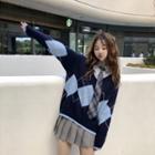 Plaid Shirt With Plaid Tie / Argyle Sweater / Pleated Mini Skirt