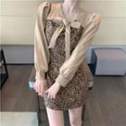 Long-sleeve Bow Leopard Print Mini Sheath Dress