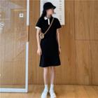 Color-block Short-sleeve Slim-fit Dress Black - One Size