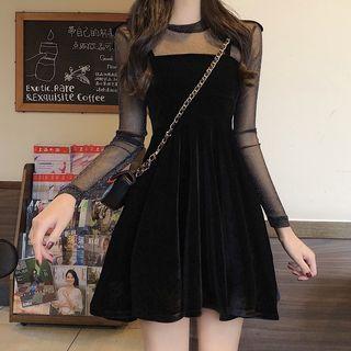 Glittered See-through Long-sleeve Top / Velvet Sleeveless Dress