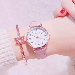 Set : Faux Leather Luminous Strap Watch + Bangle