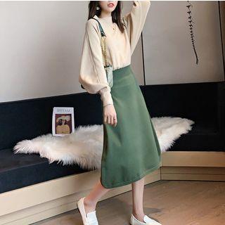 Set: Mock-turtleneck Batwing-sleeve Sweater + Midi A-line Skirt