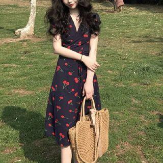 Cherry Print Short-sleeve V-neck Midi A-line Dress