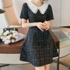 Short-sleeve Collar Mini A-line Tweed Dress