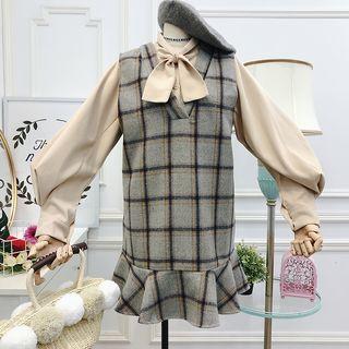 Set: Lantern-sleeve Tie-neck Blouse + Plaid Mini Pinafore Dress