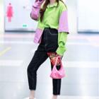 Long-sleeve Color Block Shirt Green & Purple - One Size