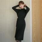 Round-neck Rib-knit Dress With Sash