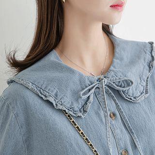 Frilled-collar Beribboned Denim Dress Light Blue - One Size