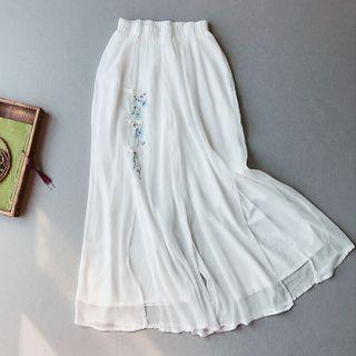 Flower Embroidered Wide-leg Chiffon Pants