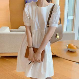 Puff Sleeve Plain Dress White - One Size