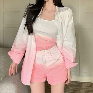 Gradient Shirt / Cropped Camisole Top / Denim Shorts