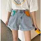 3/4-sleeve Printed T-shirt / Color Block Wide-leg Denim Shorts