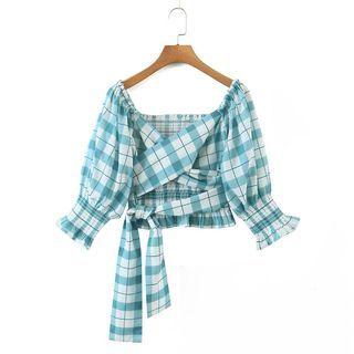 Elbow-sleeve Crisscross Plaid Blouse