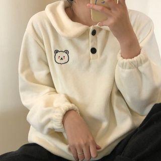 Bear Embroidered Fleece Polo Sweatshirt White - One Size