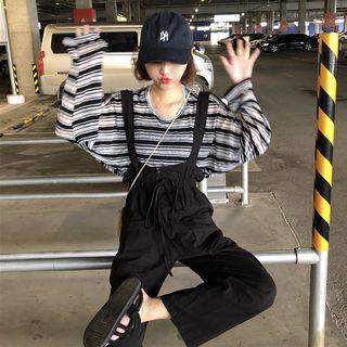 Striped See-through Long-sleeve T-shirt / Plain Cropped Wide-leg Jumper Pants