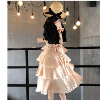 Set: Short-sleeve Bow Accent Top + Midi Layered Skirt