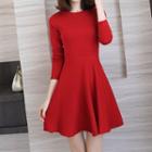 Plain Long-sleeve Knit Mini A-line Dress