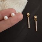 Rhinestone Bar Drop Pearl Earrings 1 Pair - S925 Silver Needle - One Size