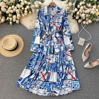 Long-sleeve Print Tie-waist Midi A-line Shirtdress