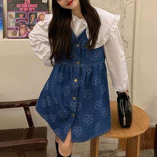 Ruffled Blouse / Floral Print Denim Overall Dress