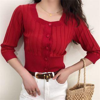 Plain Square-neck Long-sleeve Knit Cardigan