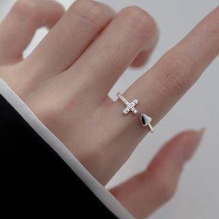 Cross Heart Rhinestone Sterling Silver Open Ring 1 Pc - S925 Silver - Silver - One Size