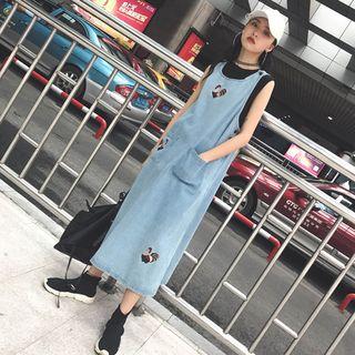 Cartoon Embroidered Loose-fit Denim Tank Dress