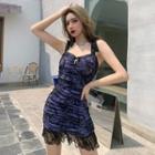 Spaghetti Strap Embellished Lace Mini Mermaid Dress
