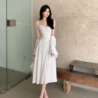 V-neck Plain Ruffle Pleated A-line Dress