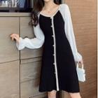 Long-sleeve Buttoned Two-tone A-line Dress