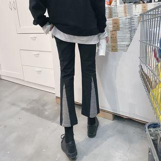 Plaid Panel Crop Boot-cut Pants