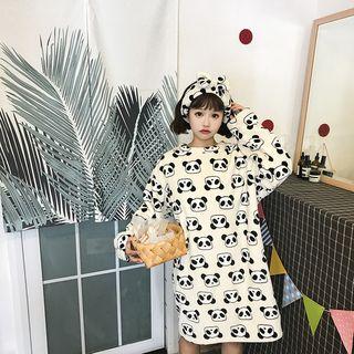 Printed Fleece Long-sleeve Nightdress With Hairband