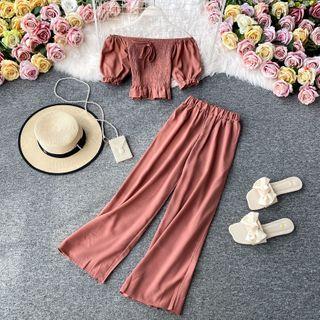 Set: Plain Off-shoulder Top + High-waist Wide-leg Pants