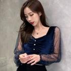 Sequined Mesh-sleeve Velvet Shirred Cropped Top