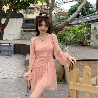 Long-sleeve Plain A-line Dress Light Orange - One Size
