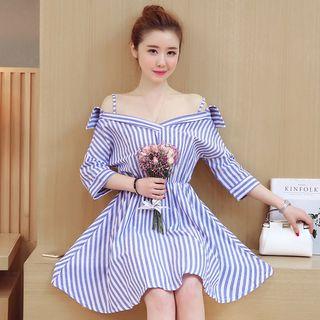 Striped Off Shoulder 3/4 Sleeve A-line Dress