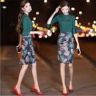 Set: Plain Flared-sleeve Knit Top + Leaf Print High-waist Straight-fit Skirt