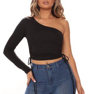 One Shoulder Long Sleeve Drawstring Crop Top