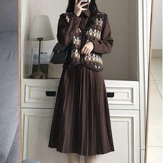 Set: Long-sleeve Midi A-line Dress + Argyle Button-up Sweater Vest