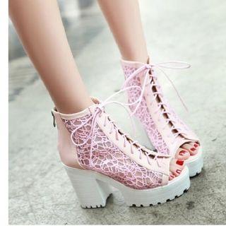 Lace Panel Peep Toe Chunky Heel Platform Sandals