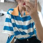 Short-sleeve Striped Cut-out Collared T-shirt