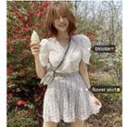 Lace Short-sleeve Blouse / Flower Print Mini A-line Skirt