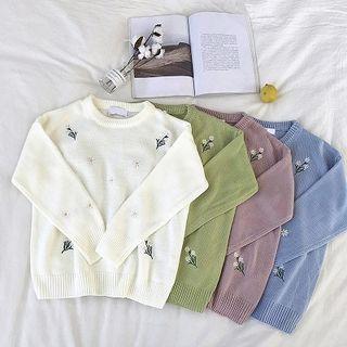 Flower Embroidered Crewneck Long-sleeve Sweater