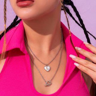 Set Of 2: Heart Necklace Set Of 2 - 3424 - Silver - One Size