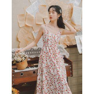 Spaghetti Strap Floral Print Corduroy A-line Midi Dress