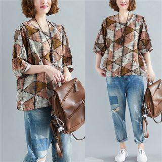 Patterned Elbow-sleeve Linen Top Pink & Coffee - One Size